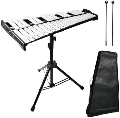 32 Note Glockenspiel Xylophone Bell Kit,Percussion Instruments With Adjustable Height Stand,Glockenspiel Stick,Mallets And Carrying Bag,Xylophone Bell Percussion Instruments For Adult (black) Julymoda