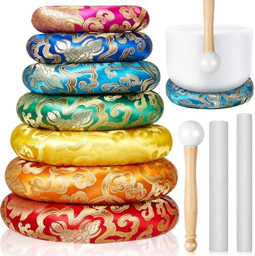 10 Pcs Singing Bowl Cushion Set 7 Silk Cloth O Ring with 3 Crystal Singing Bowl Mallet Include Solid and Hollow Stick Wood Handle Rubber Mallet for 6"-12" Tibetan Crystal Sound Bowls Meditation Fiada