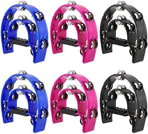 6 Packs 9 Inch Half Moon Tambourine, Double Row Tambourine, Handheld Tambourine with Ergonomic Handle, Plastic Musical Percussion Tambourines, Black, Blue, Magenta KOHAND