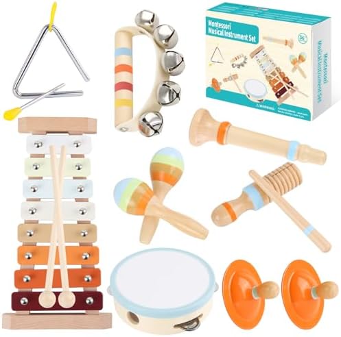 Musical Instruments for Toddlers 1-3 - Eco-Friendly Wooden Percussion Set with Xylophone, Tambourine, and Maracas in Neutral Colors - Montessori Toys for Perfect Educational Gift for Kids Ranqibo