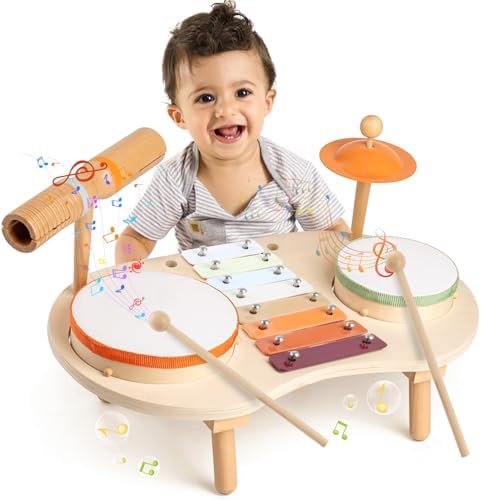 Drum Set for Toddlers 3+ Year Old Boys Girls Baby Wooden Musical Instruments Drumset for Ages Kids Montessori Preschool Educational Music Sensory Toys 3-5 Birthday RECEKA