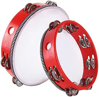 2 Pack Tambourine 8 & 10 Inch Tambourine Drum for Adults, Double Row Metal Jingle Bells Wood Handheld Tambourines Musical Percussion Instrument for Party, KTV, Church, Red Senenqu