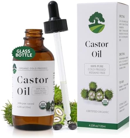 Castor Oil Organic Cold Pressed Unrefined Glass Bottle-Cold Pressed & Hexane Free,Certified Castor Oil for Hair Growth & Care,Castor Oil Pack,Thicker Eyelashes & Eyebrows(4.23FlOz) Fuuerds