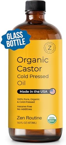 Glass Bottle Castor Oil, Hexane-Free, Organic Cold Pressed, Oil for Hair Growth, Eyelashes and Eyebrows, Hair and Body Oil, Glass Bottle, Carrier Oil, 16 Oz (Pack of 1) Zen Routine