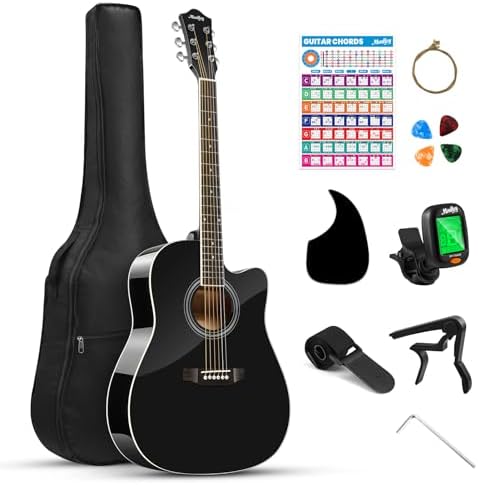 Moukey 41" Acoustic Guitar for Beginners Adult Teen Full Size Guitarra Acustica with Chord Poster, Gig Bag, Tuner,Steel Strings, Capo, Strap - Black Moukey