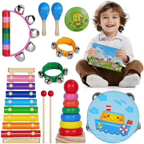 Kids Musical Instruments for Toddlers,Baby Musical Toys for Toddlers,Christmas Kids Gifts,First Birthday Gifts for Boys Girls,Kids Xylophone,Maracas for Baby,Wooden Instruments Toddler Toys with Bag Childom