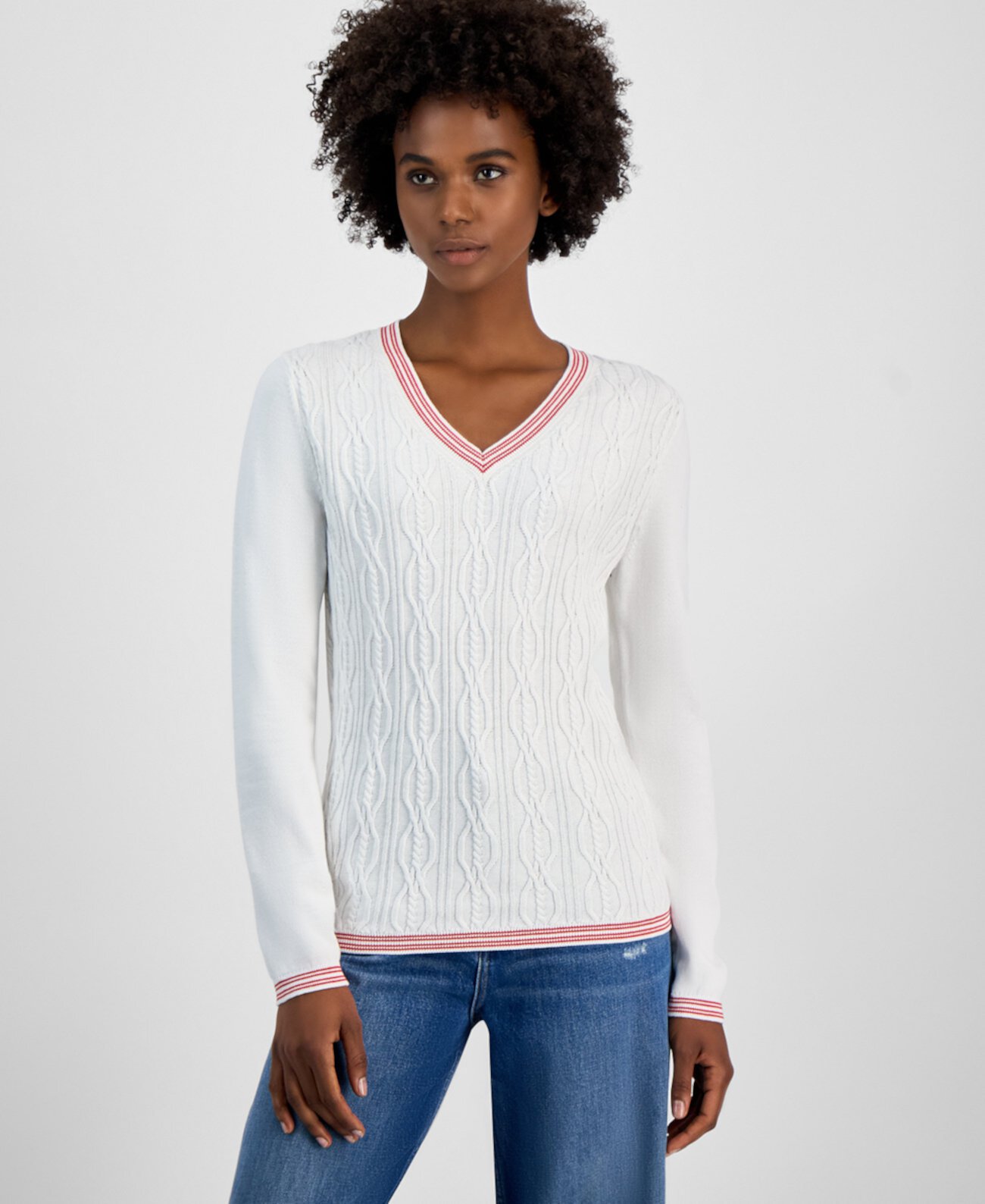 Women's Cotton Cable-Knit Contrast-Trim Sweater Tommy Hilfiger