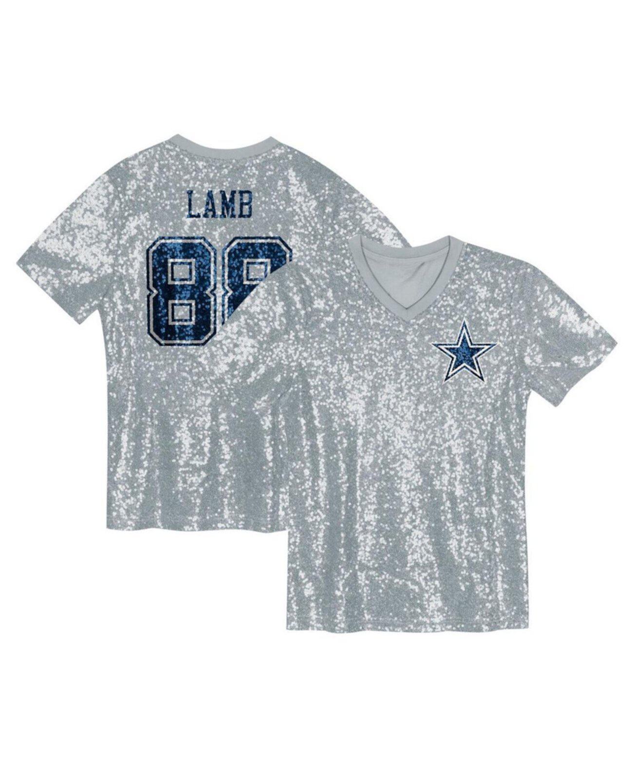 Футболка для девочек CeeDee Lamb Silver Dallas Cowboys с пайетками, V-образный вырез, короткий рукав Nike