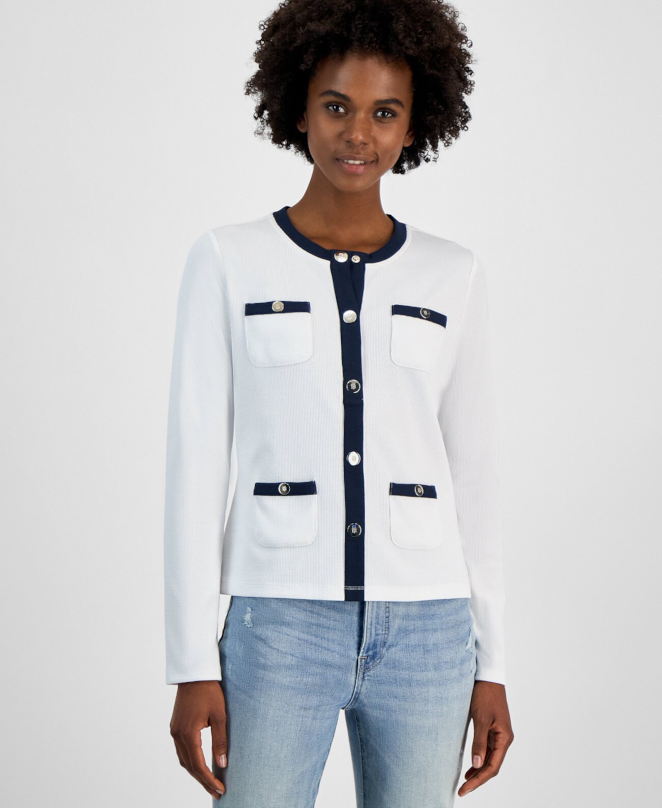 Women's Ribbed Contrast-Trim Button Cardigan Tommy Hilfiger