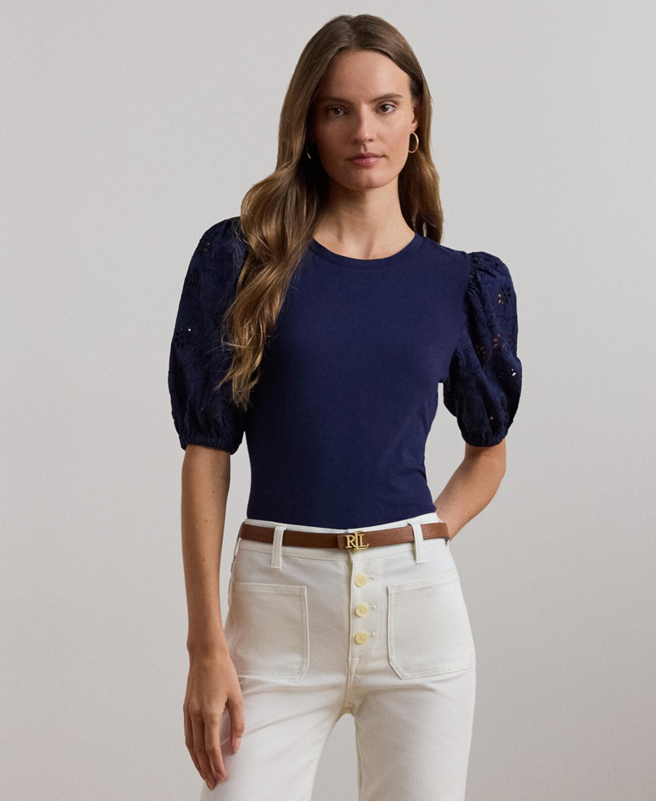 Women's Eyelet Jersey Puff-Sleeve Tee LAUREN Ralph Lauren