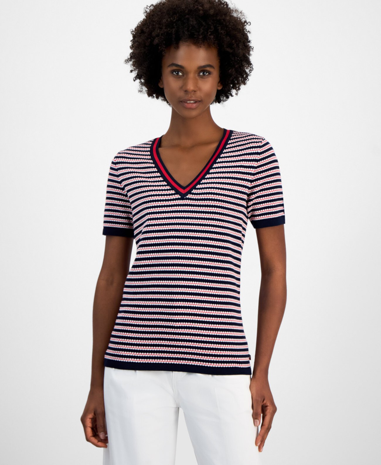 Women's Cotton Seabrook Striped V-Neck Sweater Tommy Hilfiger