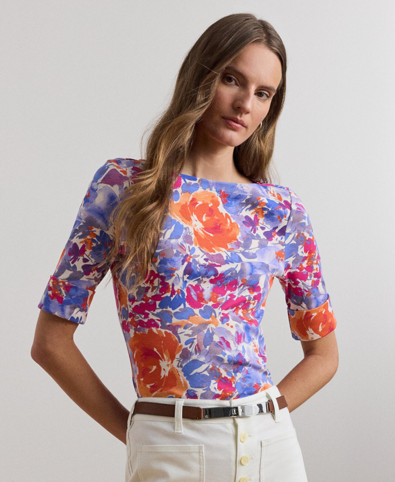 Women's Floral Stretch Cotton Boatneck Tee LAUREN Ralph Lauren