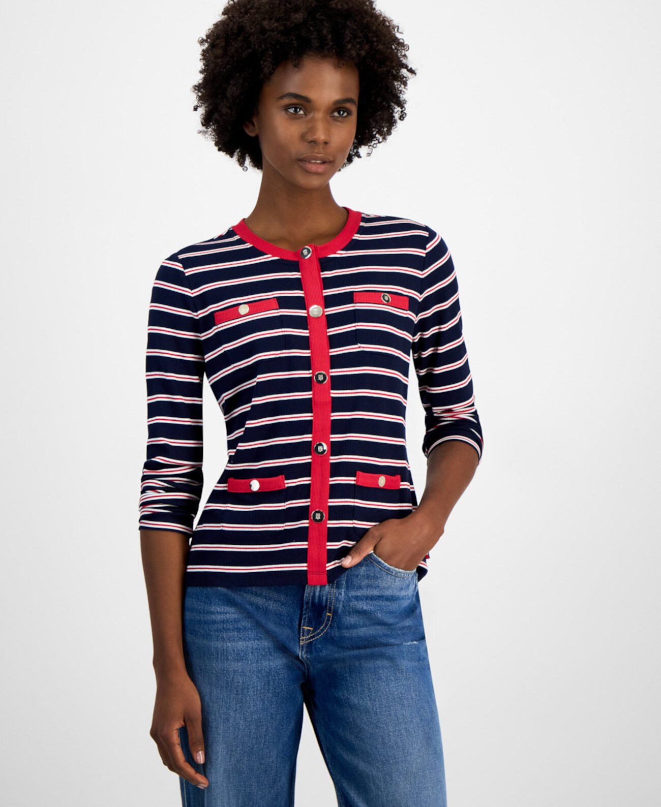 Women's Striped Contrast-Trim Button Cardigan Tommy Hilfiger