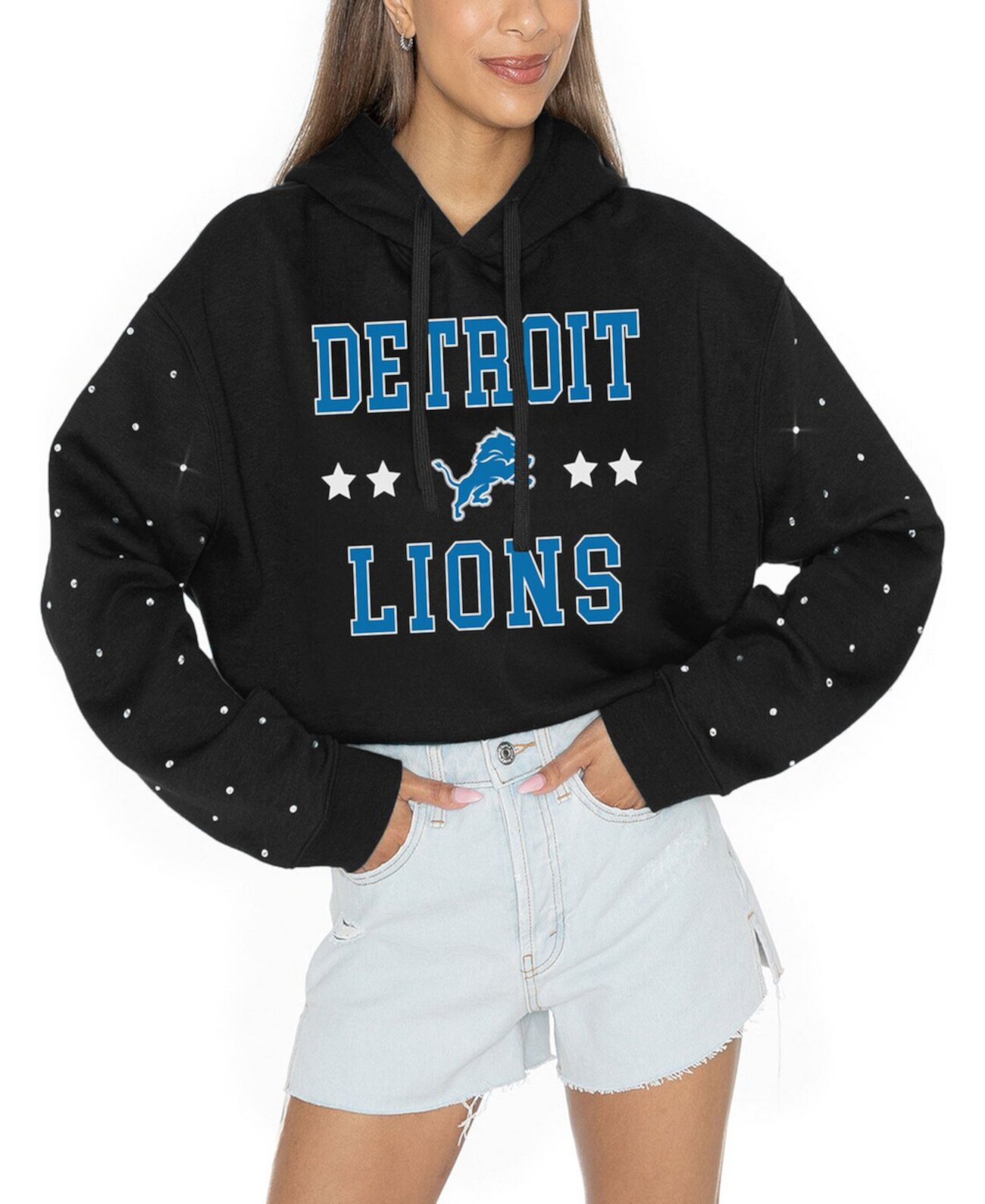 Худи с капюшоном Women’s Black Detroit Lions Like A Star с рюшами на талии и стразами на рукавах Gameday Couture