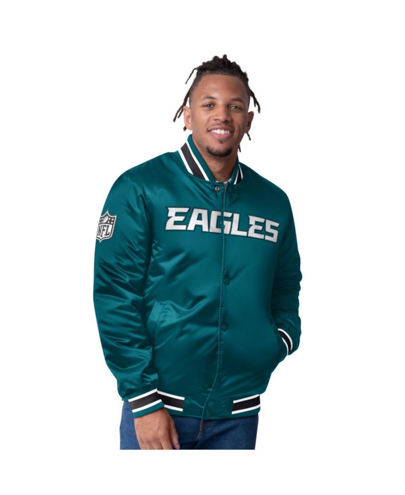 Мужская двусторонняя атласная куртка Philadelphia Eagles Closer, зеленая полуночи/серебристая, с кнопками и карманами Starter