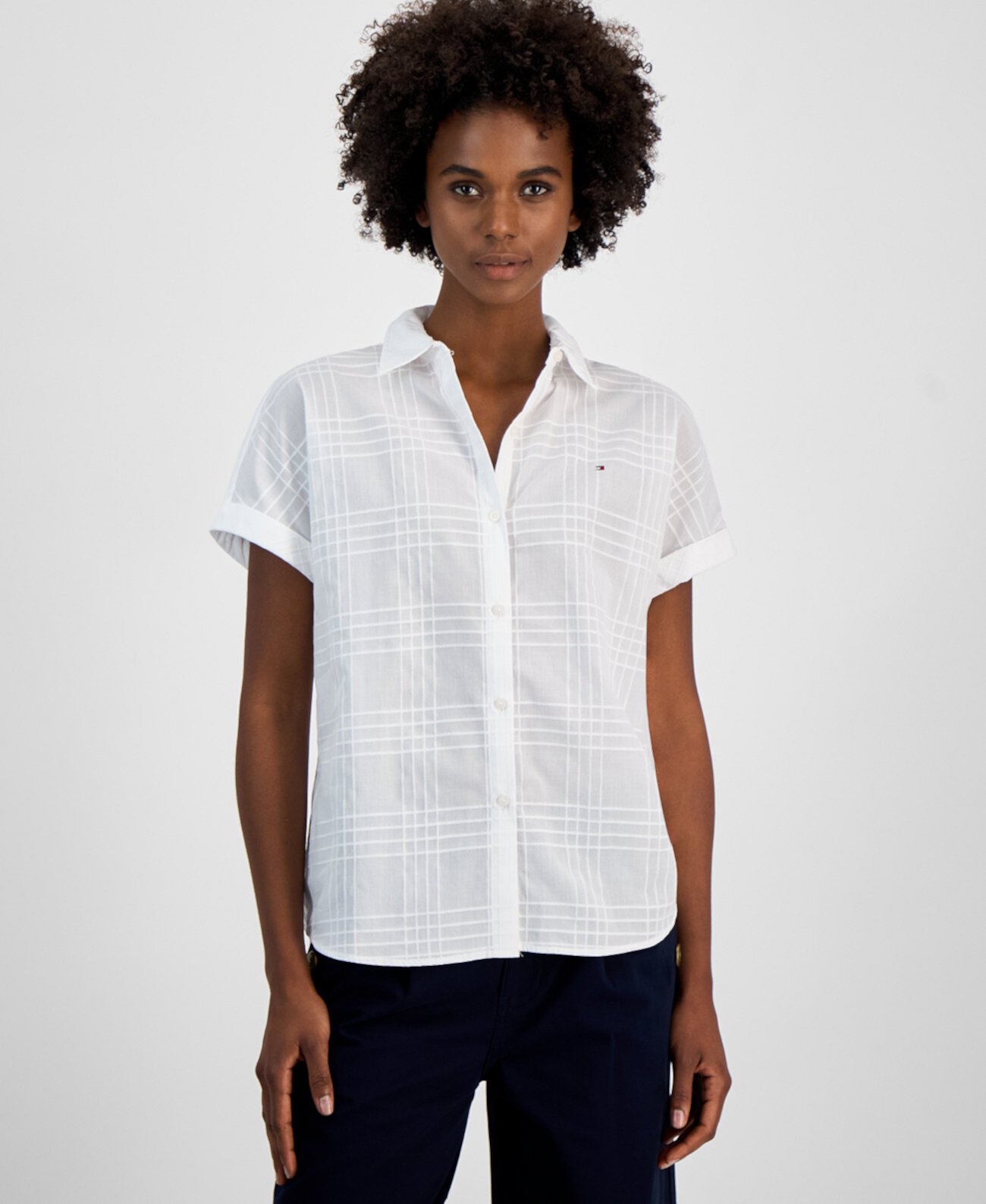 Women's Cotton Tonal-Plaid Short-Sleeve Camp Shirt Tommy Hilfiger