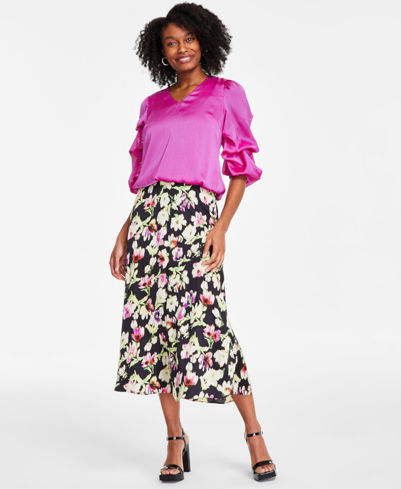 Women's Floral-Print A-Line Midi Skirt Vince Camuto