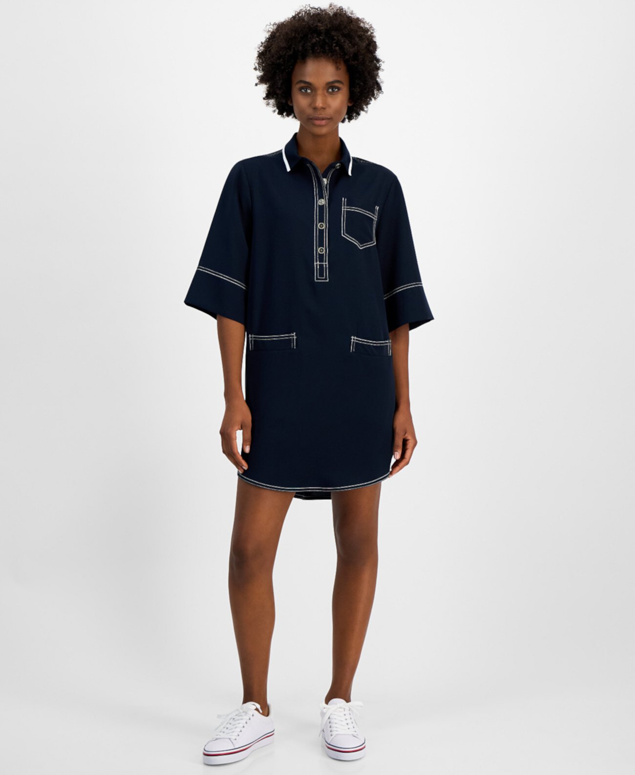 Women's Contrast-Stitched Button-Placket Popover Dress Tommy Hilfiger