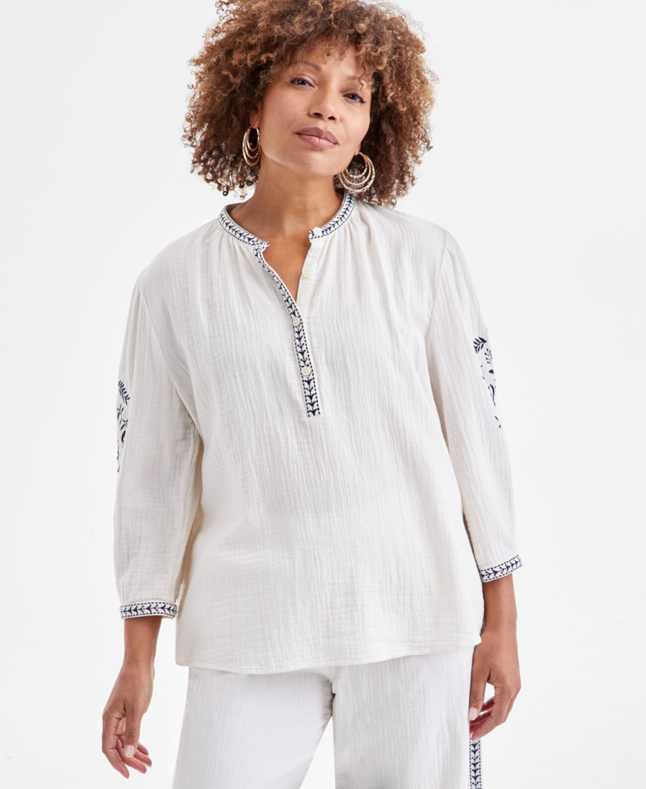 Petite 3/4-Sleeve Embroidered Top, Exclusively at Macy's Style & Co