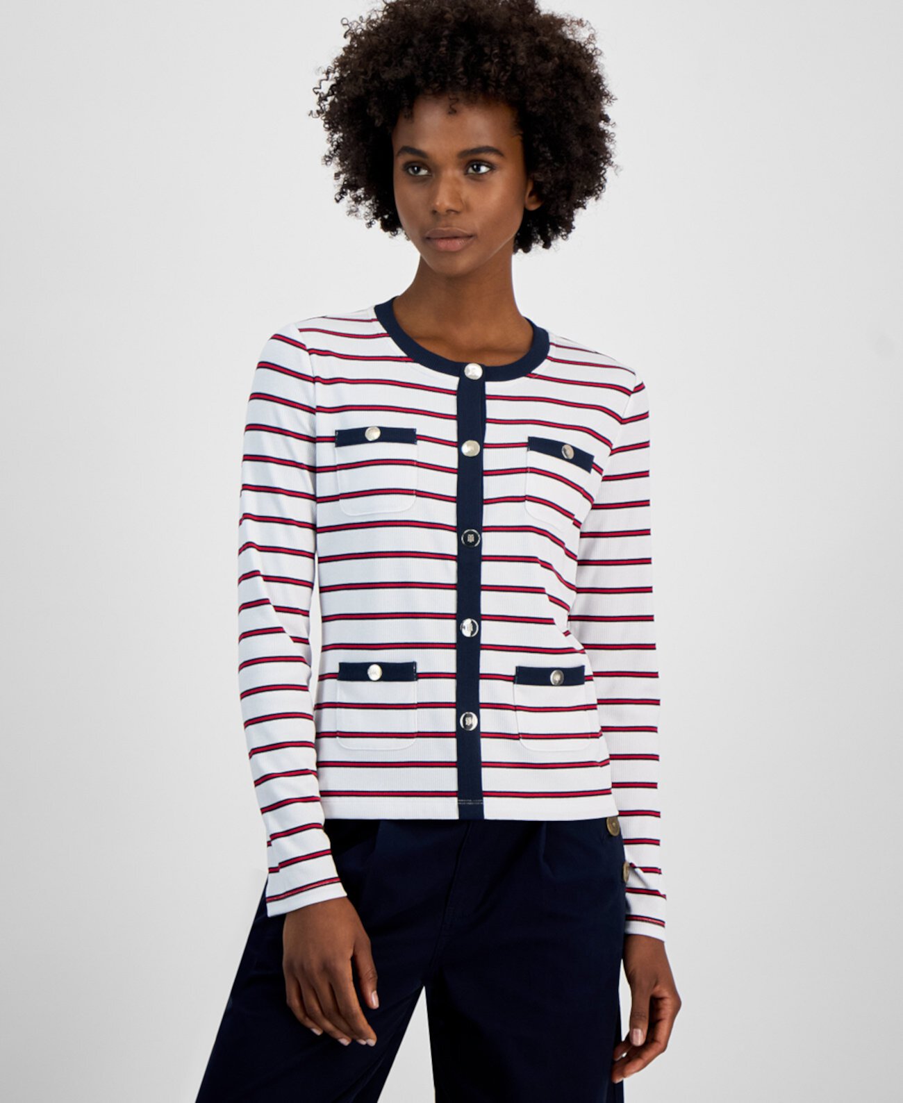 Women's Striped Contrast-Trim Button Cardigan Tommy Hilfiger