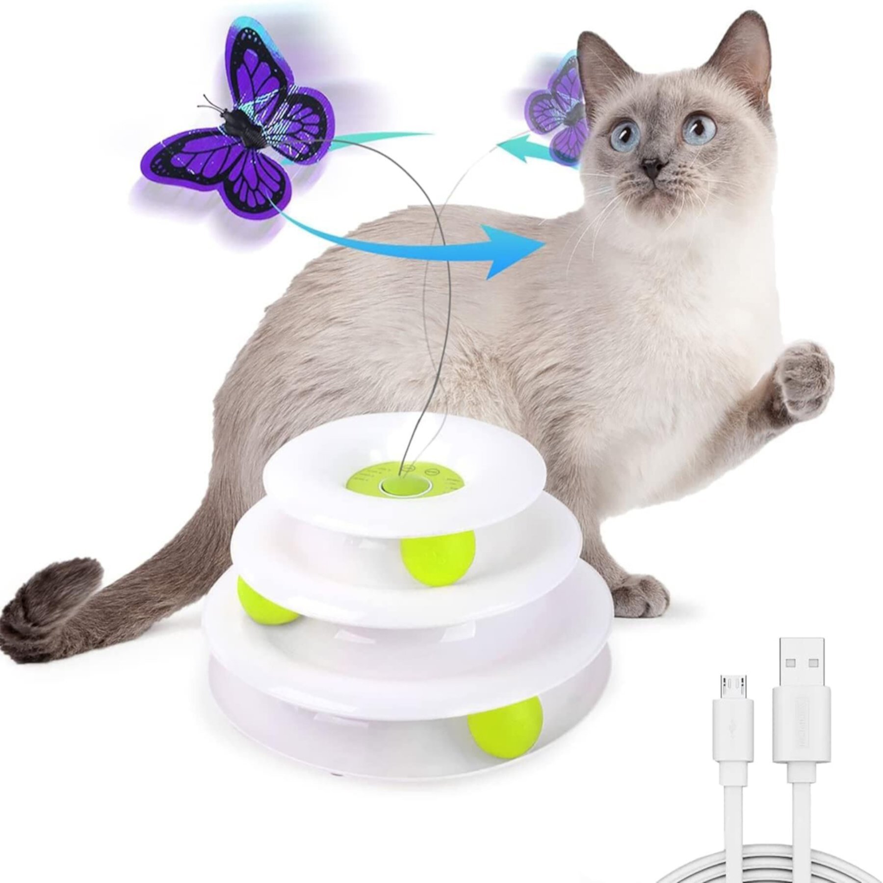 allforpaws Interactives Tower of Tracks with Butterfly Cat Motion Toy, White allforpaws