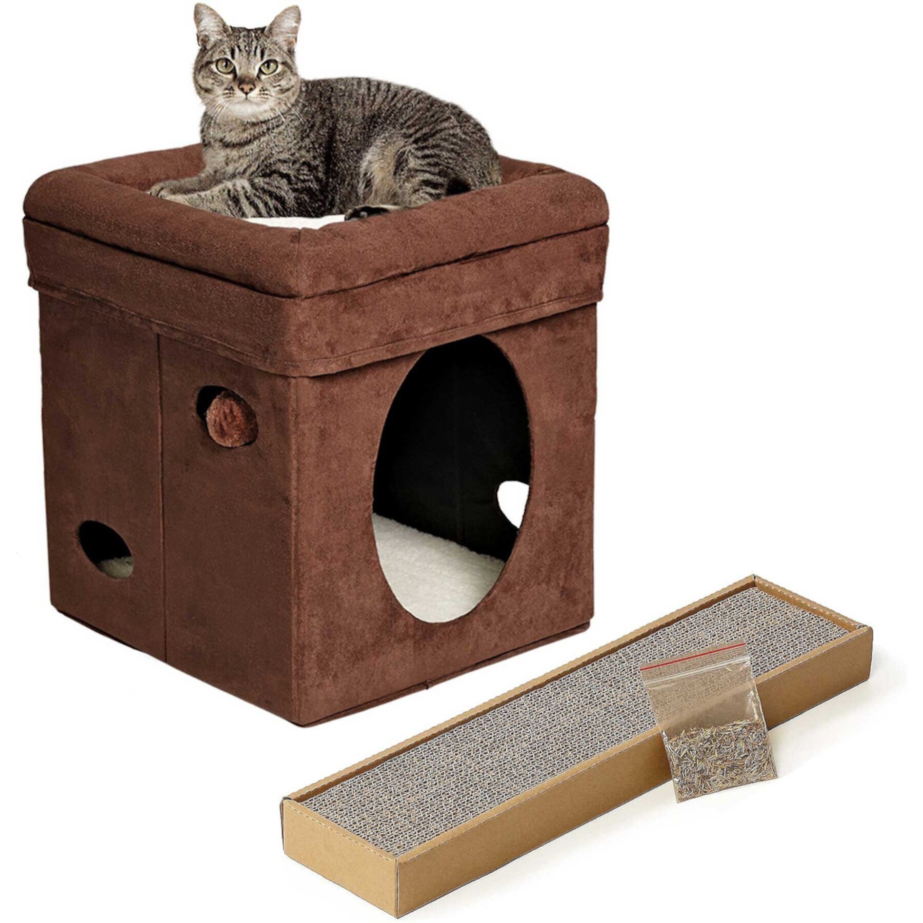 MidWest Curious Cube Cat Condo & MidWest Catty Scratch Cat Scratcher with Catnip Midwest