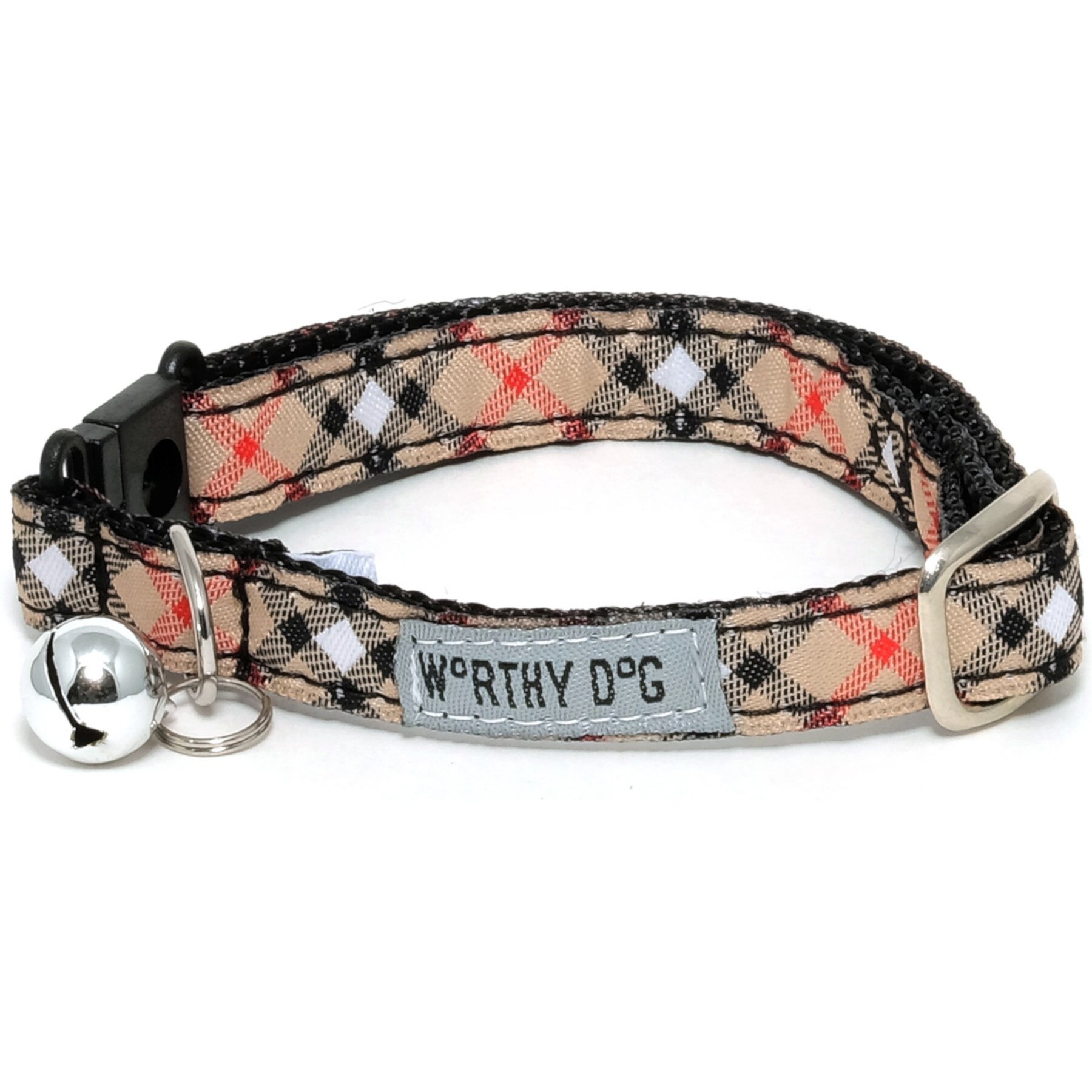 The Worthy Dog Bias Plaid Cat Collar, One Size: 9 to 11-in neck, 1/2-in wide, Tan The Worthy Dog