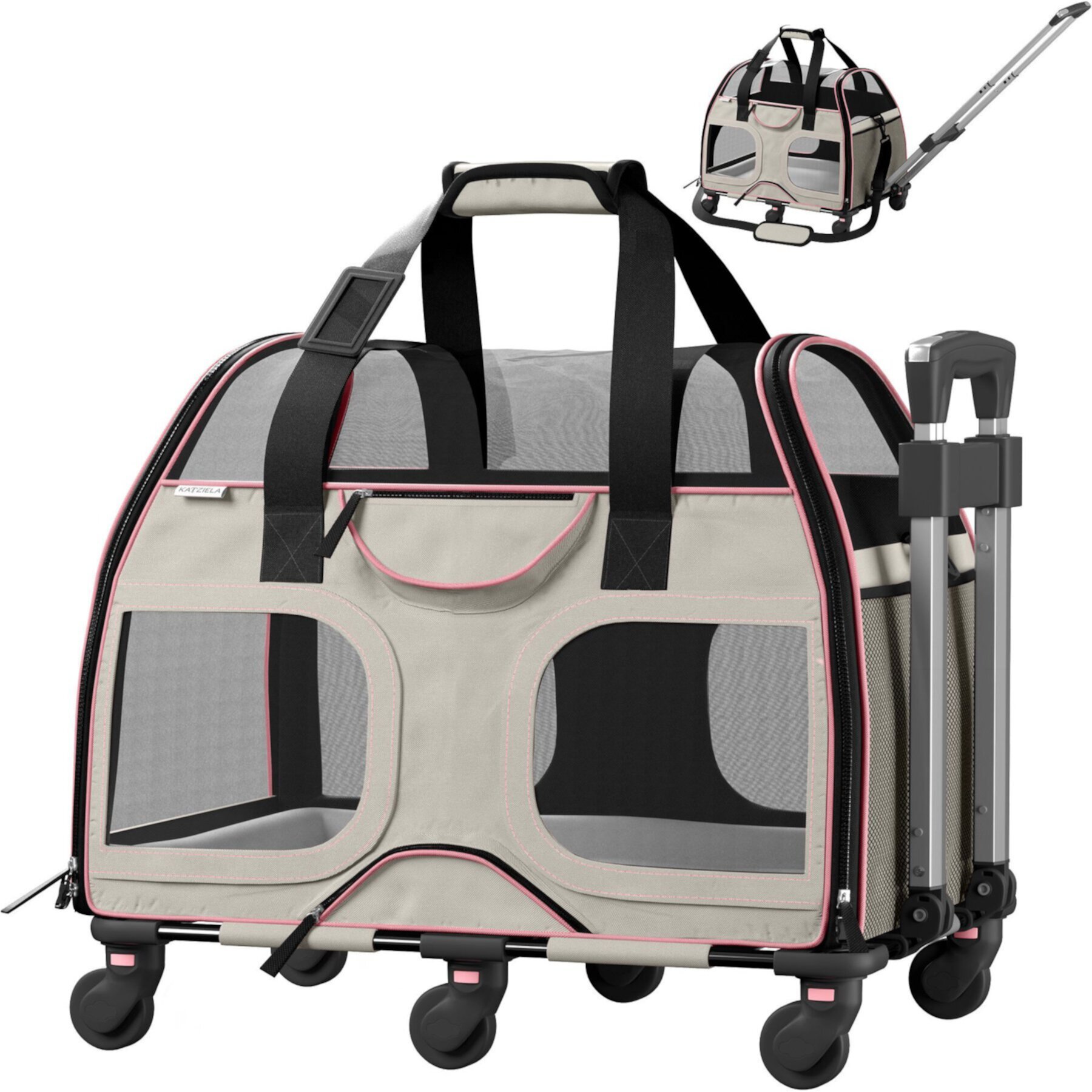 Katziela Luxury Rider Pro Removable Wheels & Double Telescopic Handle Airline-Approved Dog & Cat Carrier Bag Katziela