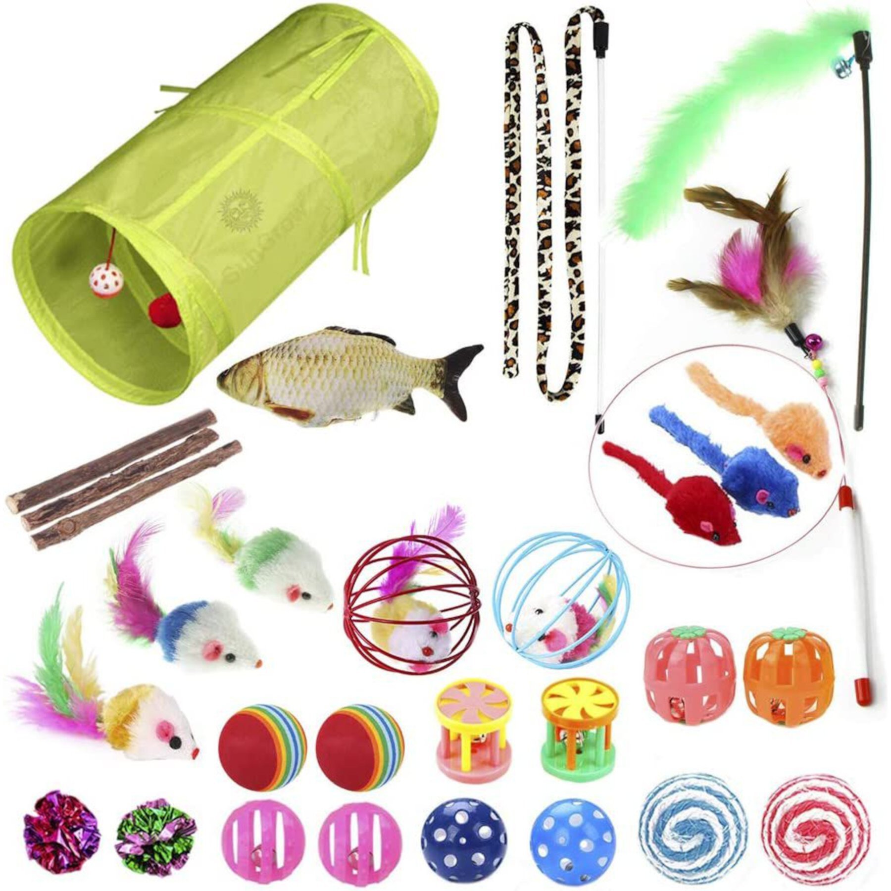 SunGrow Enrichment Toys for Cat & Ferret, Variety Pack with Crinkle, Mice & Bell Balls, Scratcher, Tunnel & Teaser Wand, 30 Count SunGrow