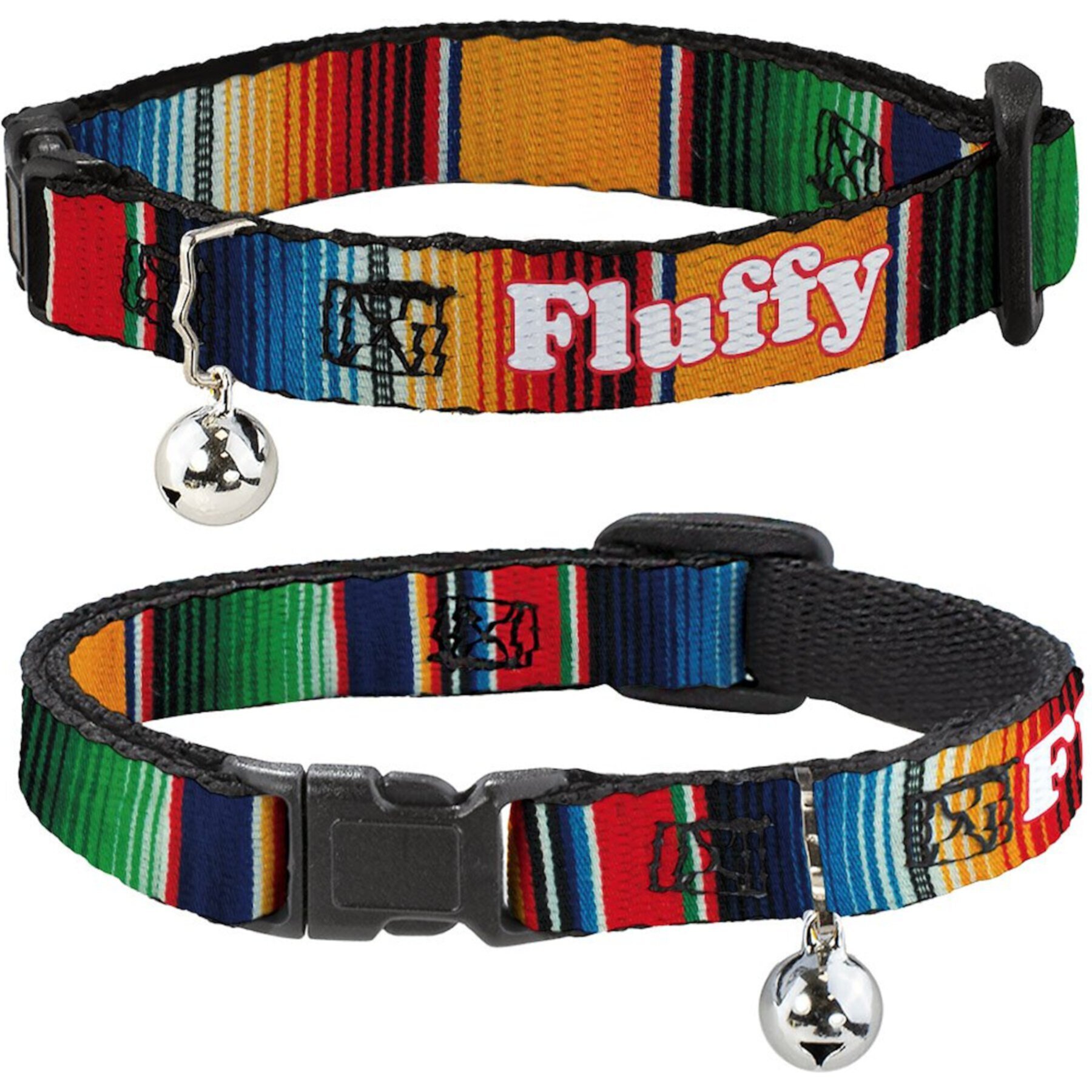 Buckle-Down Zarape2 Vertical Multi Color Stripe Personalized Breakaway Cat Collar with Bell Buckle-Down