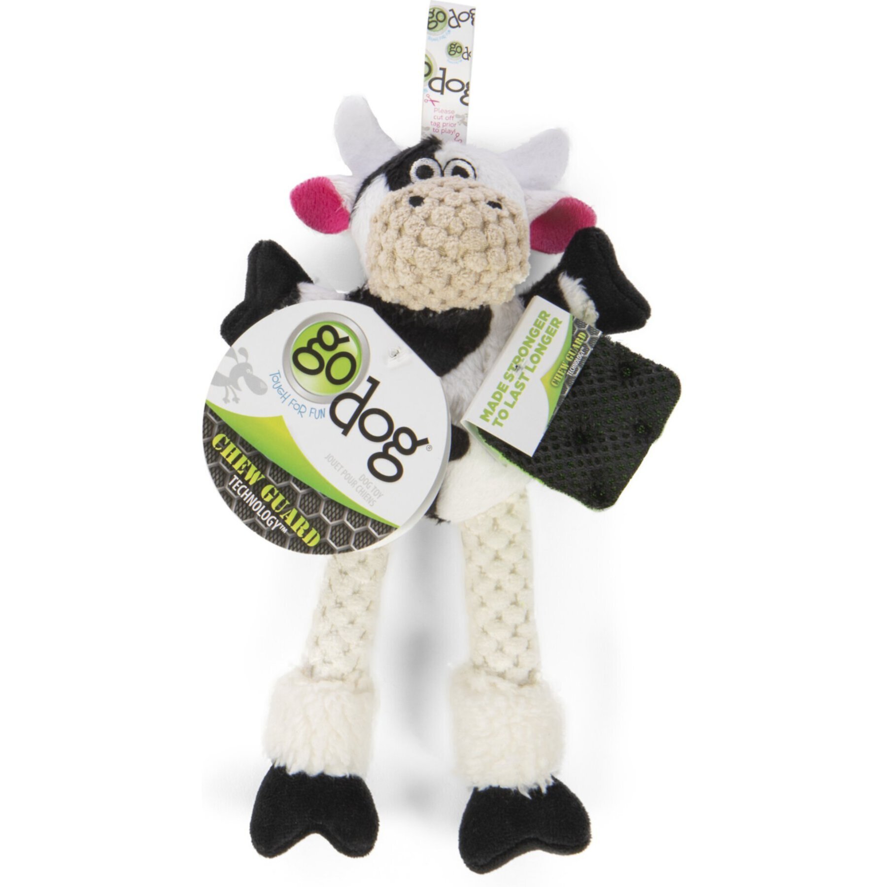 GoDog Checkers Skinny Cow Squeaker Dog Toy, White Godog