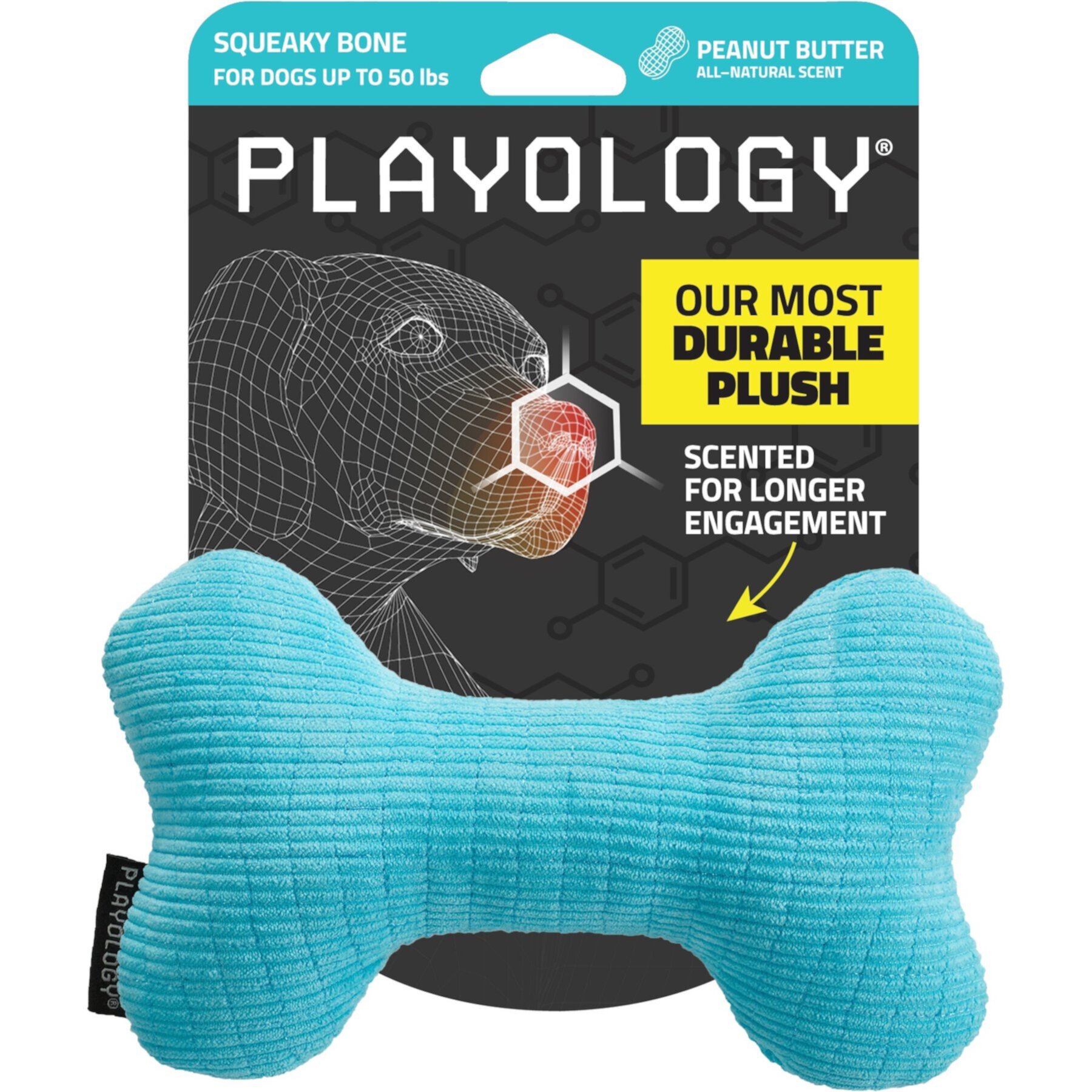 Playology All Natural Peanut Butter Scented Plush Squeaky Bone Dog Toy Playology