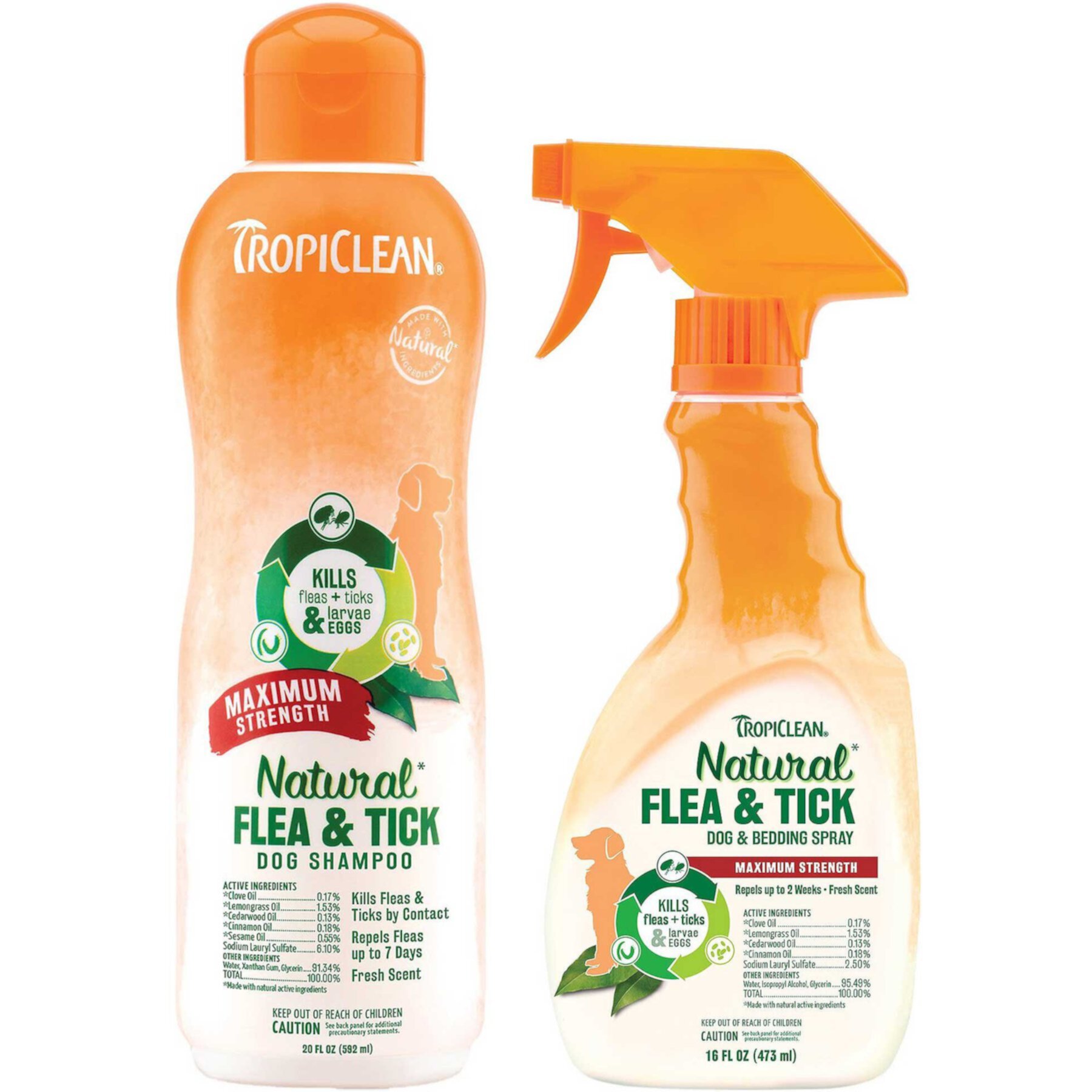 TropiClean Maximum Strength Natural Flea & Tick Treatment Dog Shampoo & TropiClean Natural Flea & Tick Treatment Spray for Dogs, Citrus Scent  TropiClean