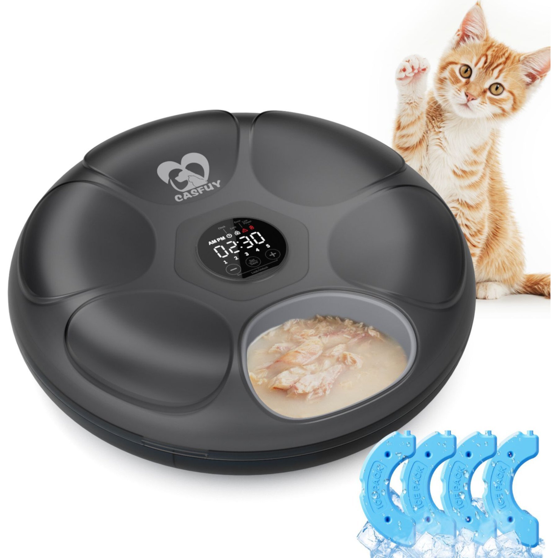 Casfuy Smart 6-Meal Automatic Dog & Cat Wet Food Feeder with 4 Ice Packs Casfuy