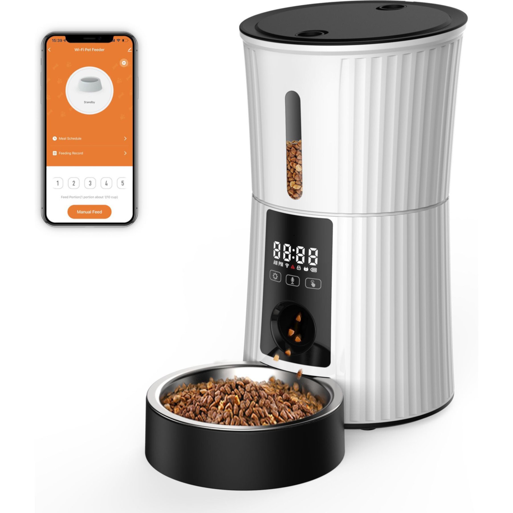 PATPET 2.4G WiFi Timed with 10S Voice Recorder & Desiccant Bag Automatic Dog & Cat Feeder, 4-L, White Patpet