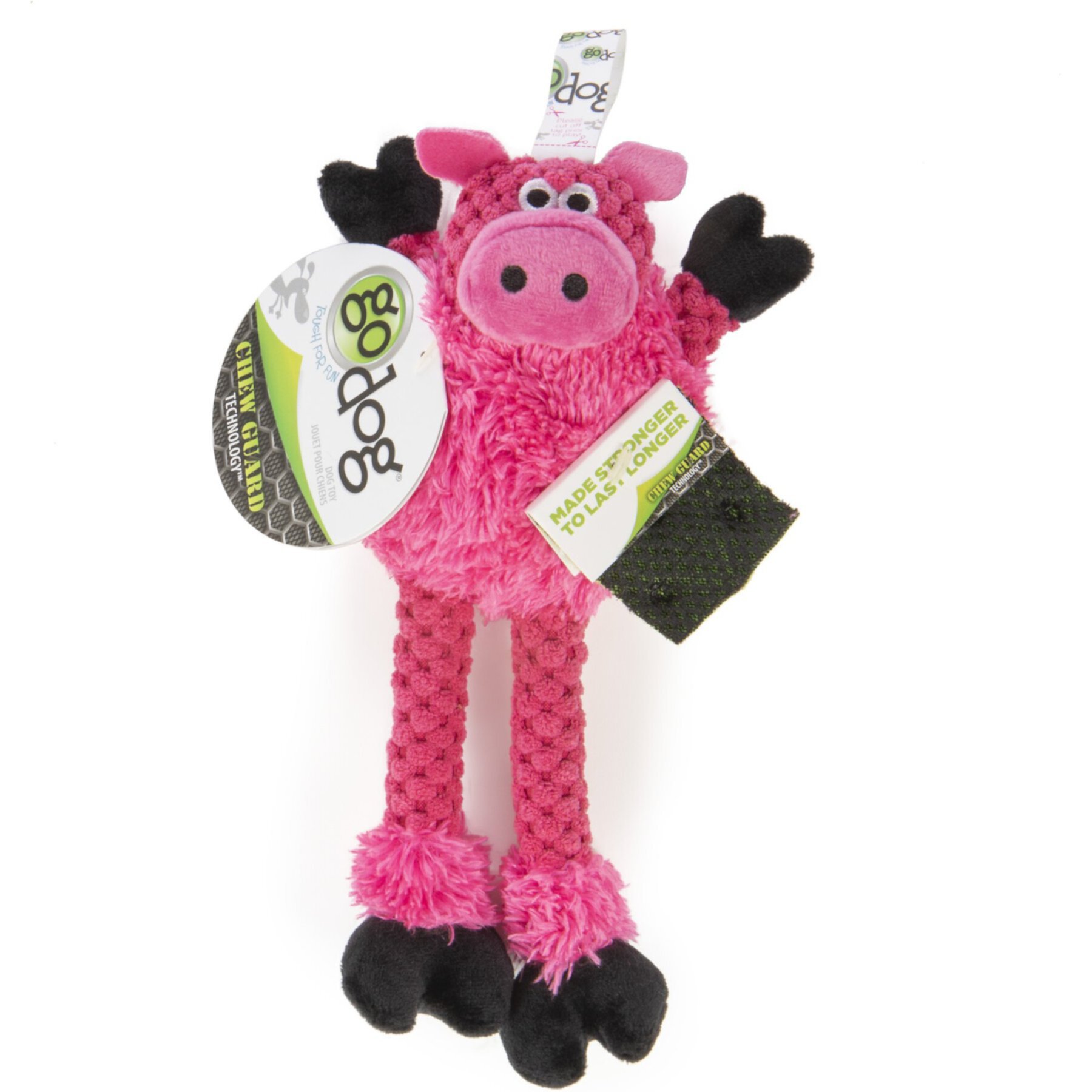 GoDog Checkers Skinny Pig Squeaker Dog Toy, Pink Godog