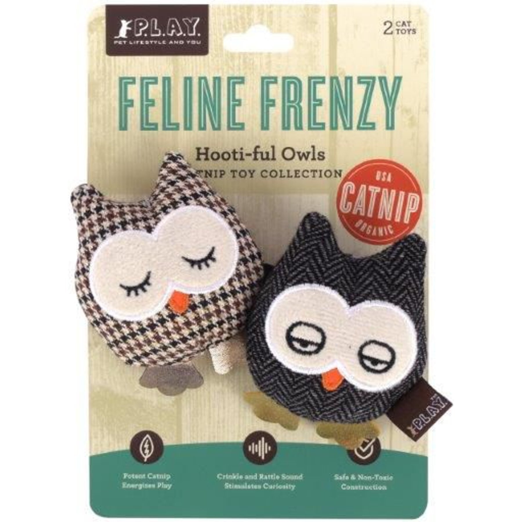 P.L.A.Y. Pet Lifestyle and You Feline Frenzy Hootiful Owls Plush Squeaky Cat Toy P.L.A.Y. Pet Lifestyle and You