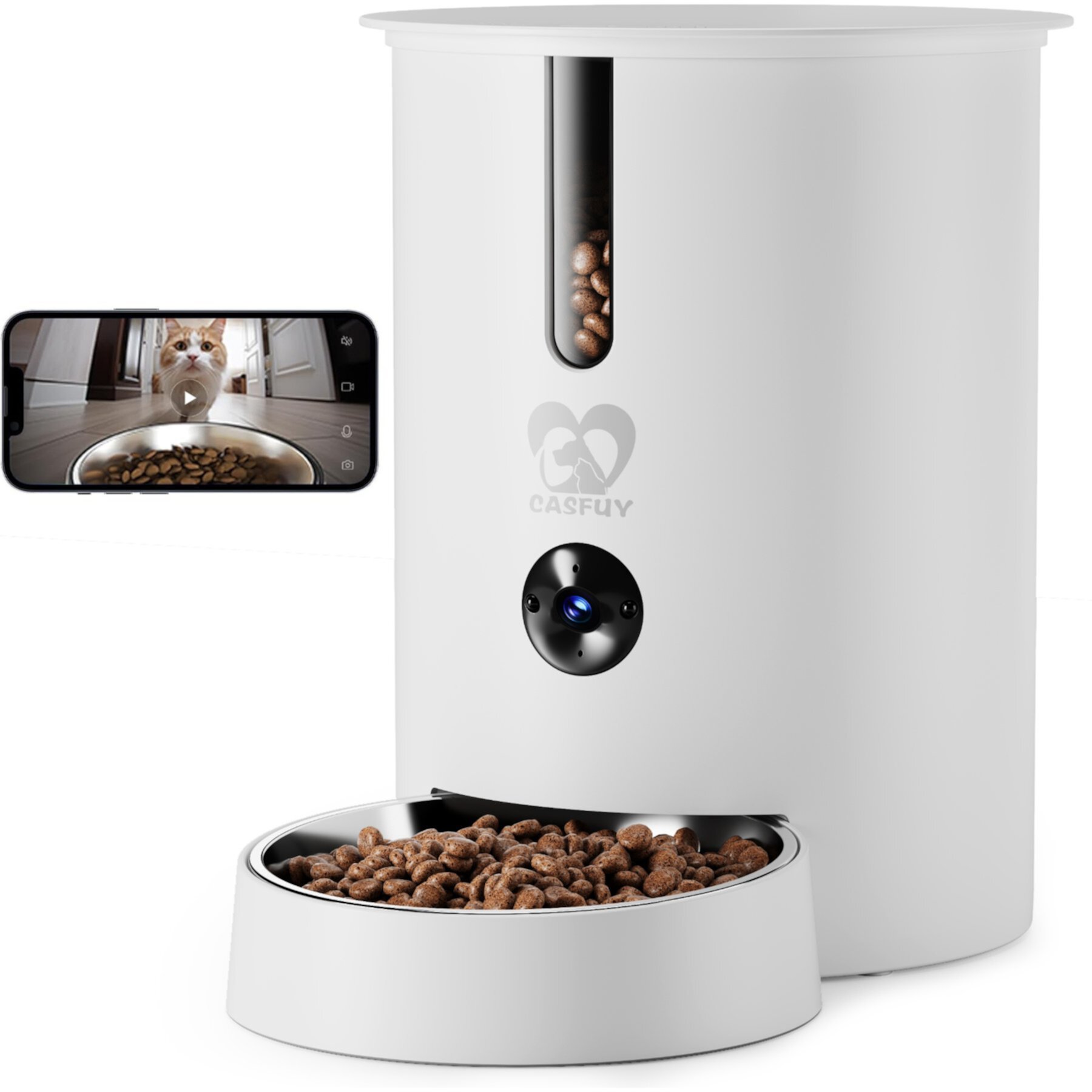 Casfuy WIFI Automatic Cat & Dog Feeder with HD Camera, Removable Storage Hopper, 2.8L, White Casfuy