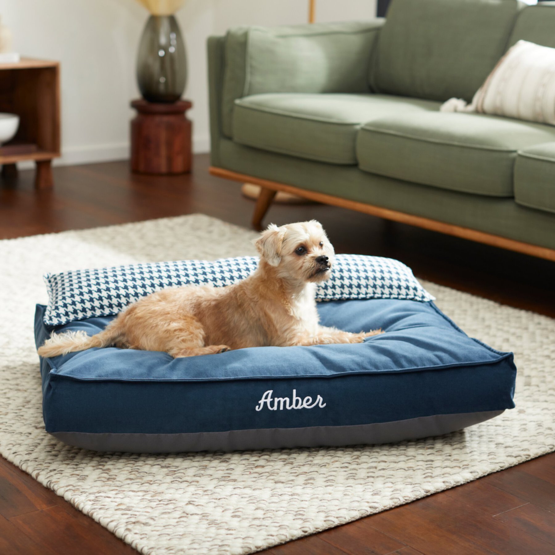 Frisco Personalized Navy Bolstered Bed with Navy Check Bolster Frisco