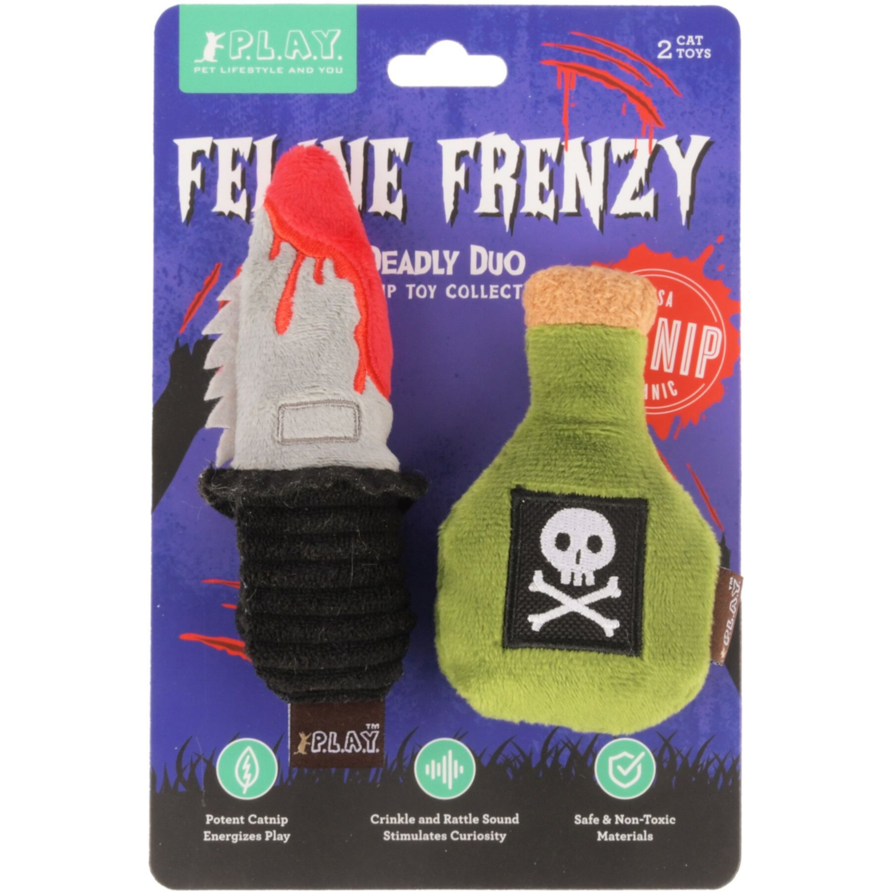 P.L.A.Y. Pet Lifestyle and You Feline Frenzy Killer Cat Dagger & Poison Plush Cat Toys with Catnip, Small P.L.A.Y. Pet Lifestyle and You