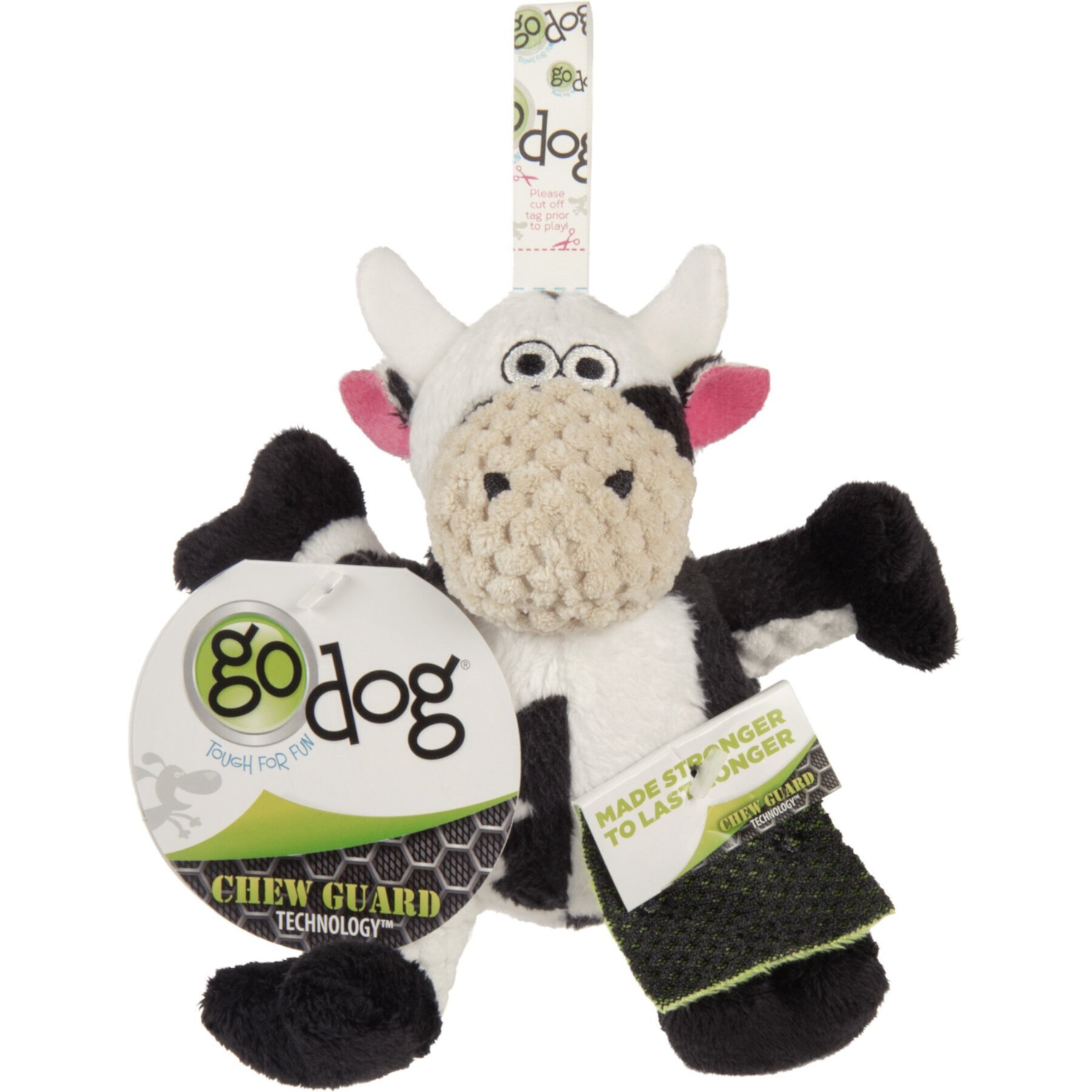 GoDog Checkers Sitting Cow Squeaker Dog Toy, White Godog