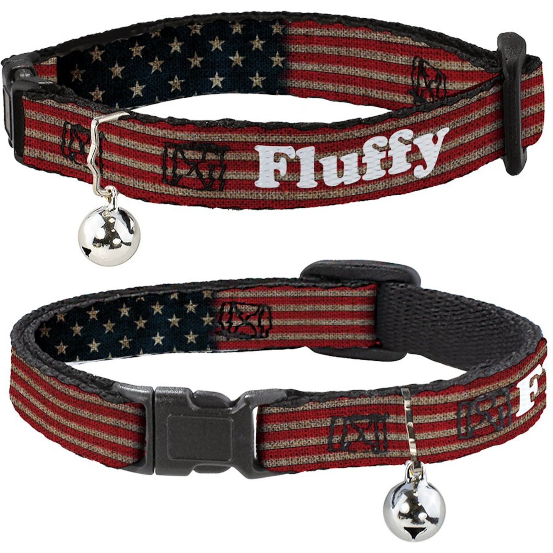 Buckle-Down Personalized Breakaway Cat Collar with Bell, Vintage US Flag Stretch Buckle-Down