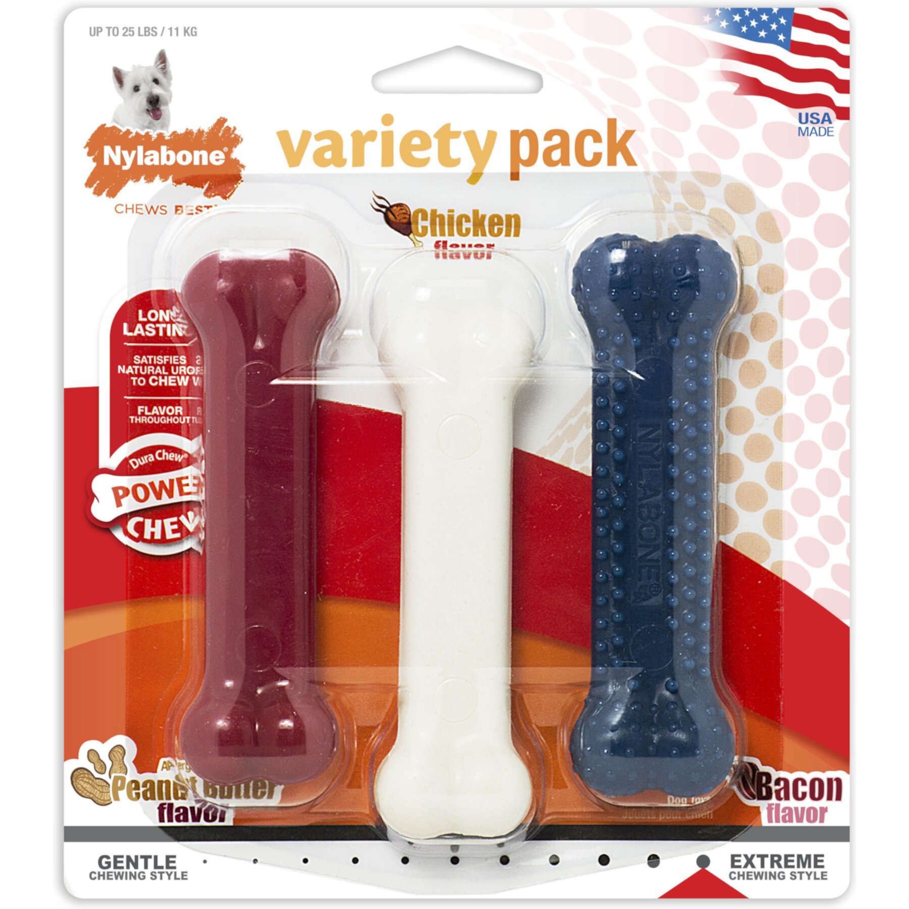 Nylabone Power Chew Variety Pack, Chicken, Bacon & Peanut Butter Dog Treats Nylabone