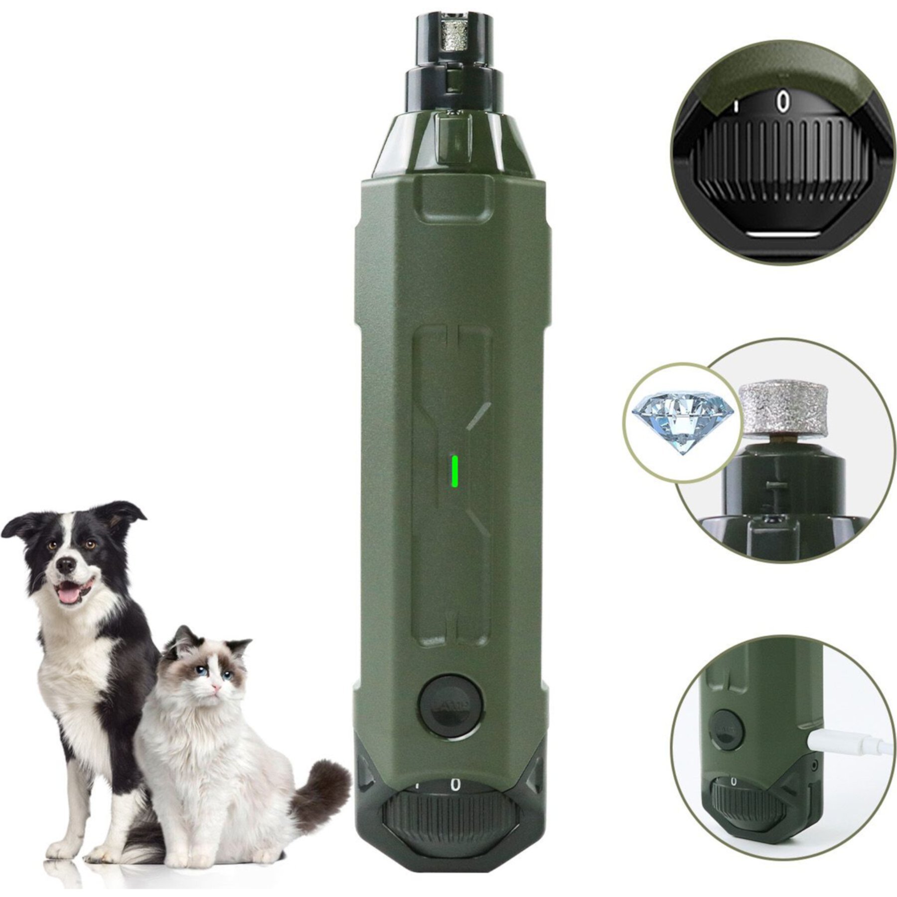 PATPET N60 6-Speed Electric Rechargeable Cat & Dog Nail Grinder, Army Green Patpet