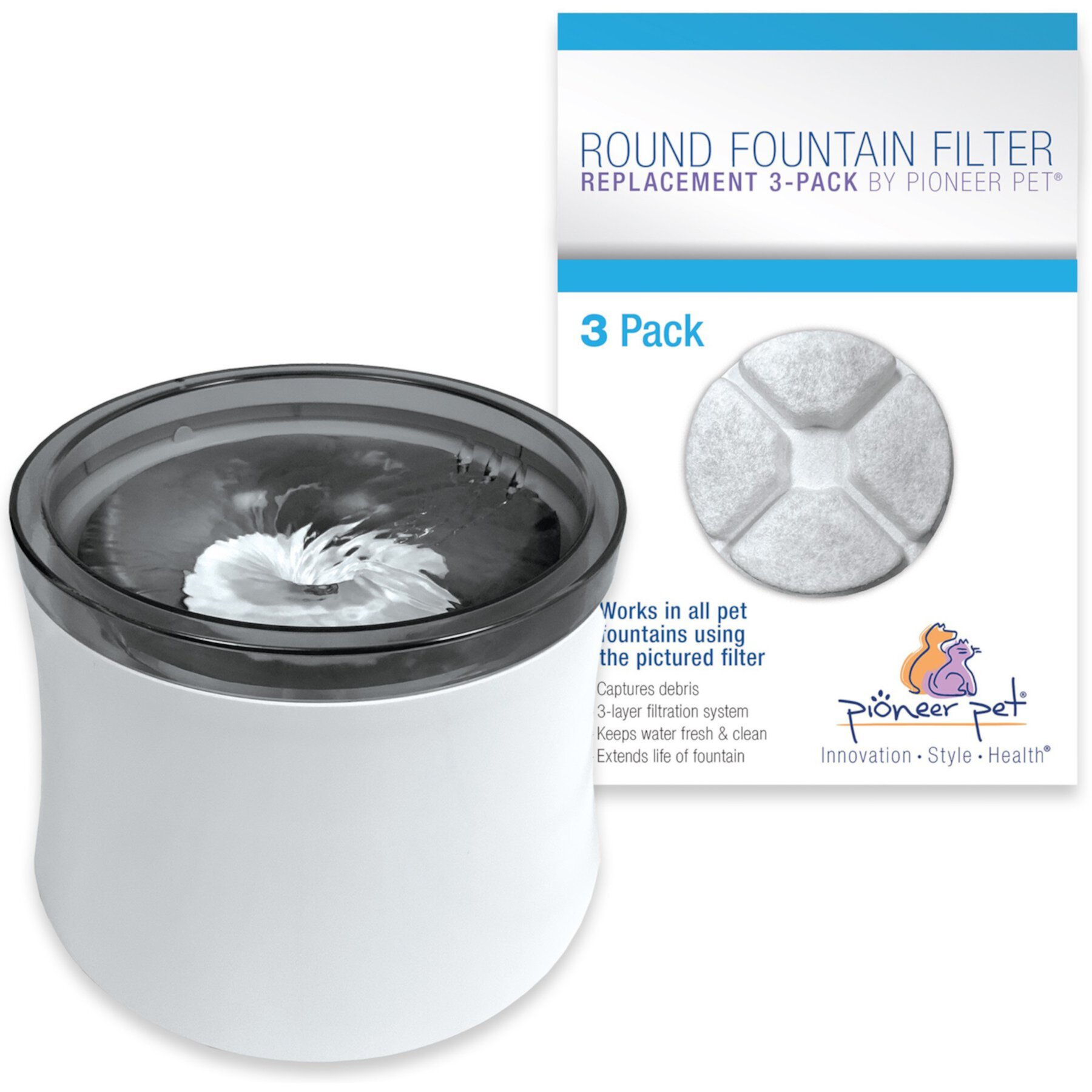 Pioneer Pet Vortex Drinking Dog & Cat Fountain, Gray, Medium & Pioneer Pet Vortex Replacement Dog & Cat Filter, White, Small, 3 count Pioneer Pet