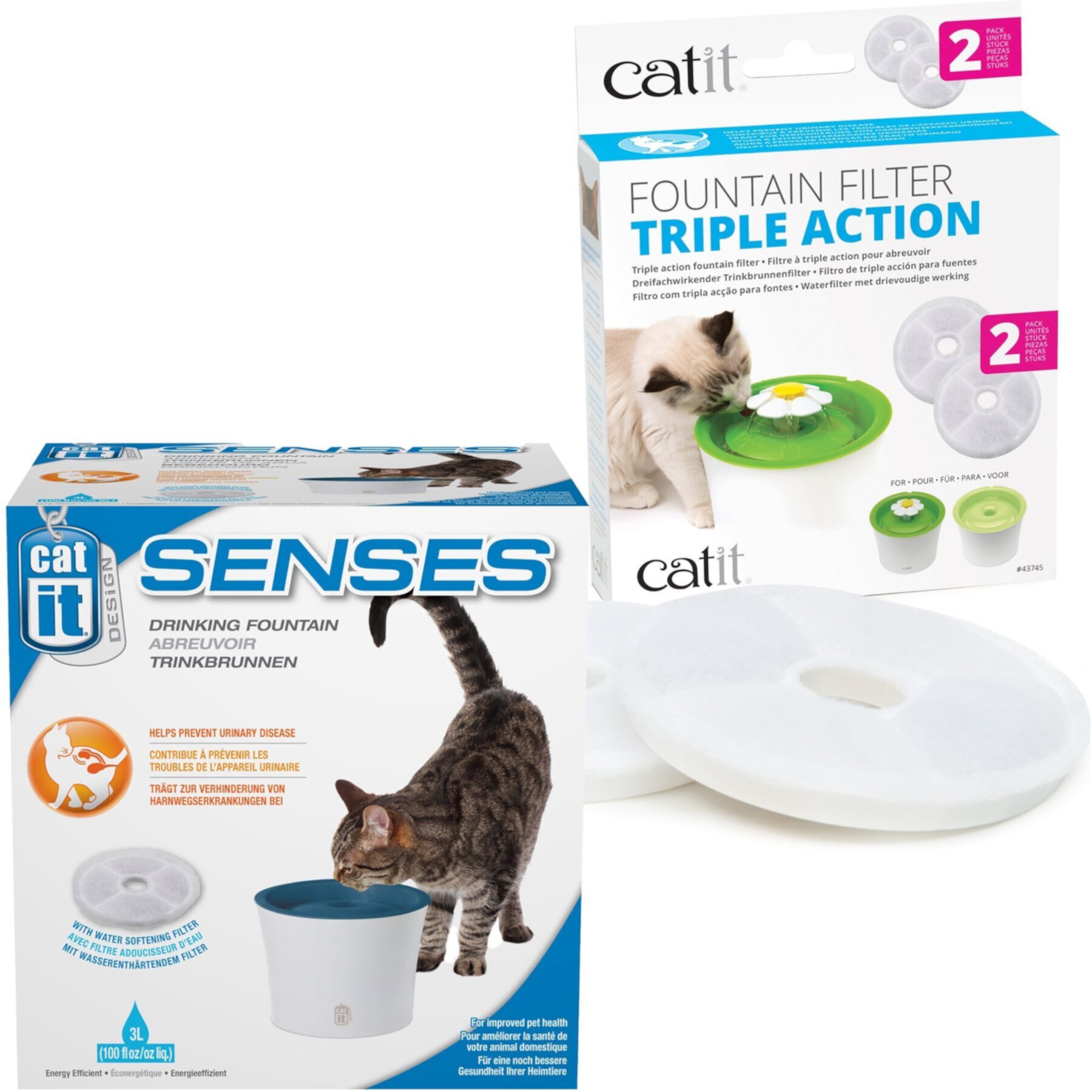 Catit Design Senses Plastic Drinking Fountain & Catit Triple Action Pet Fountain Filter Catit