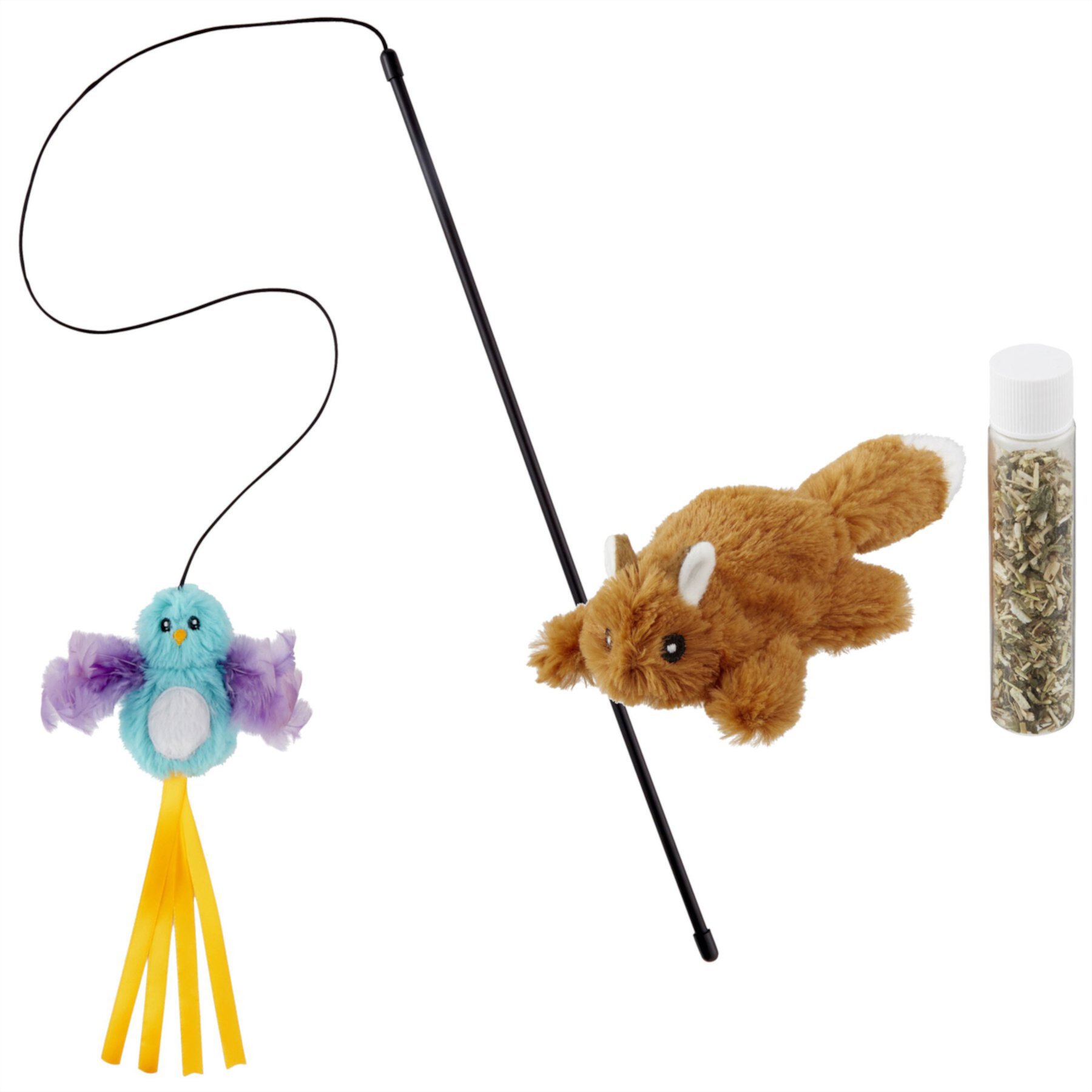 Frisco Squirrel Plush Cat Toy with Refillable Catnip & Frisco Bird with Feathers Teaser Wand Cat Toy with Catnip Frisco