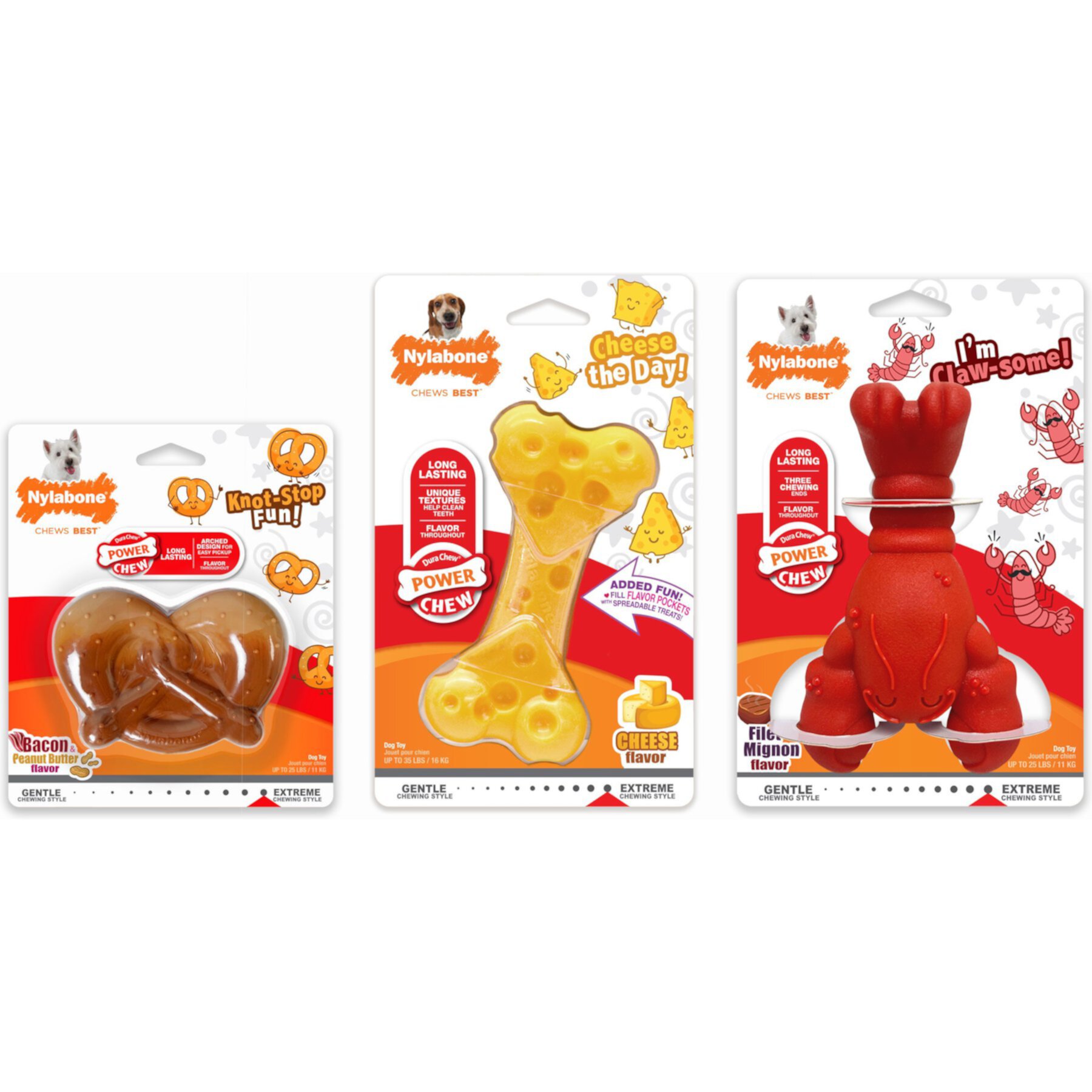 Nylabone Power Chew Lobster, Cheese, & Pretzel Dog Chew Toy Bundle, Small Nylabone