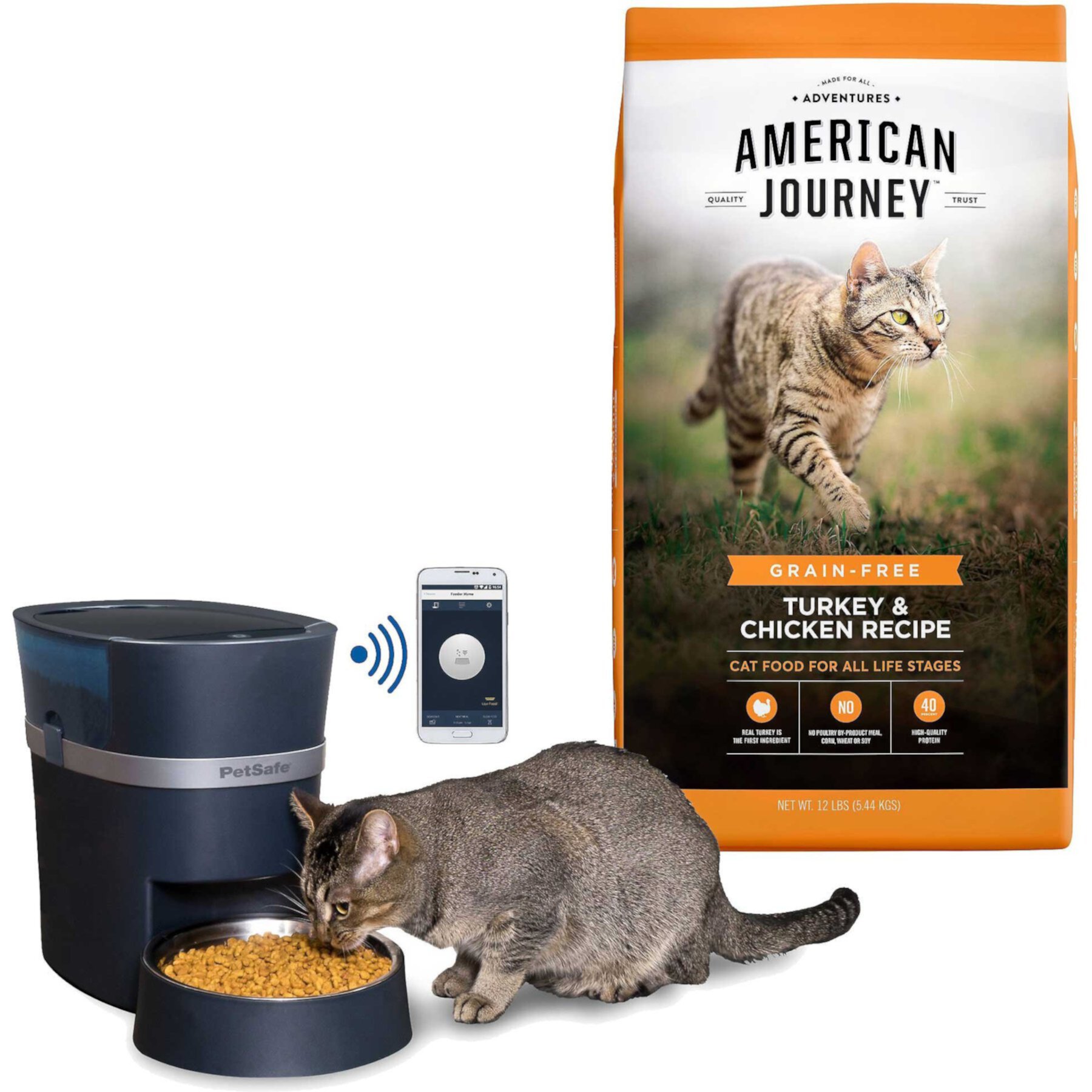 PetSafe Smart Feed 2.0 Wifi-Enabled Automatic Dog & Cat Feeder & American Journey Turkey & Chicken Recipe Grain-Free Dry Cat Food PetSafe||American Journey