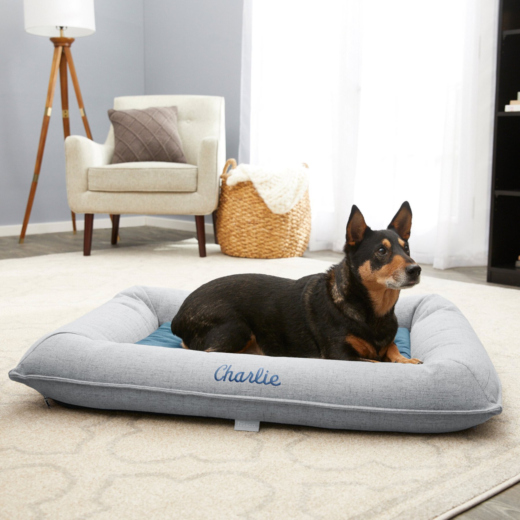 Frisco Orthopedic Personalized Bolster Dog Bed w/Removable Cover, Harbour Blue, Large Frisco